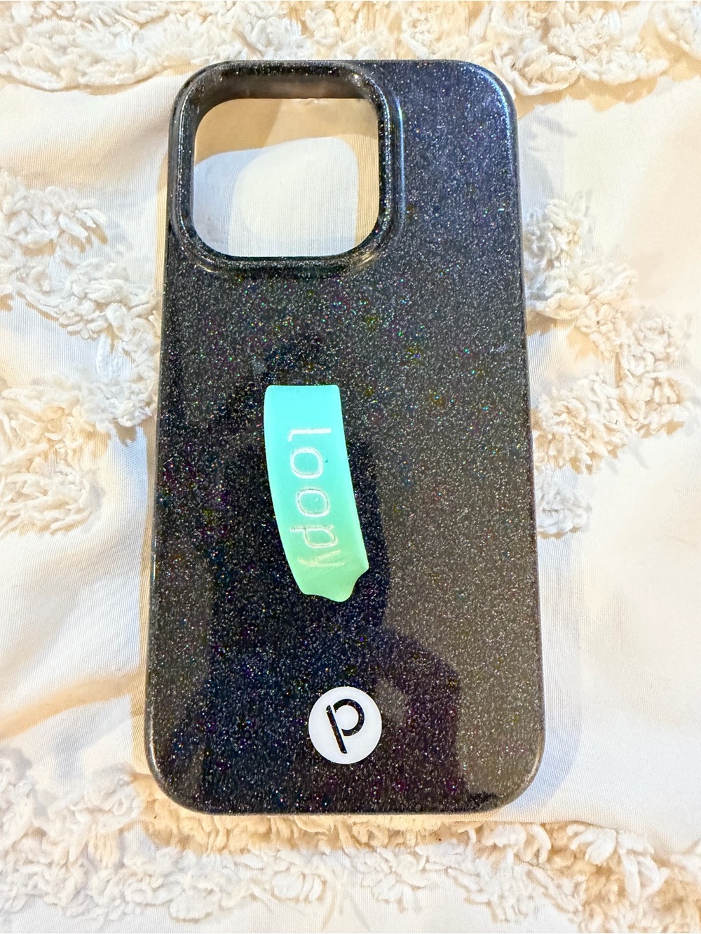 Glitter Black Phone Case with Teal Loop Grip - Portable for iPhone 15 pro
